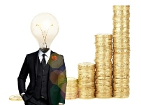 light bulb-headed man wearing a suit and standing in front of a pile of money